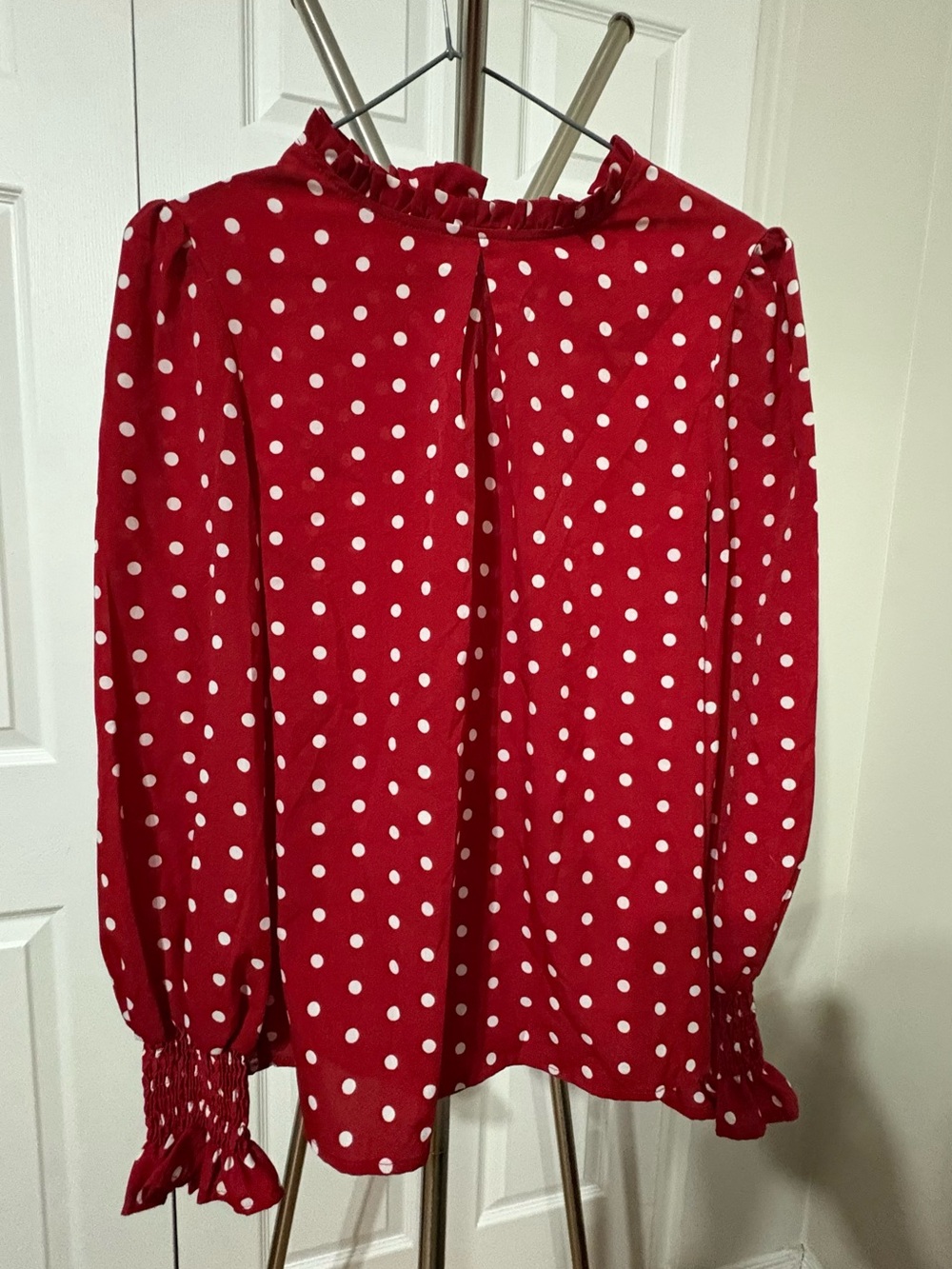 SHEIN Red & White Polka Dot Ruffle Neck Blouse